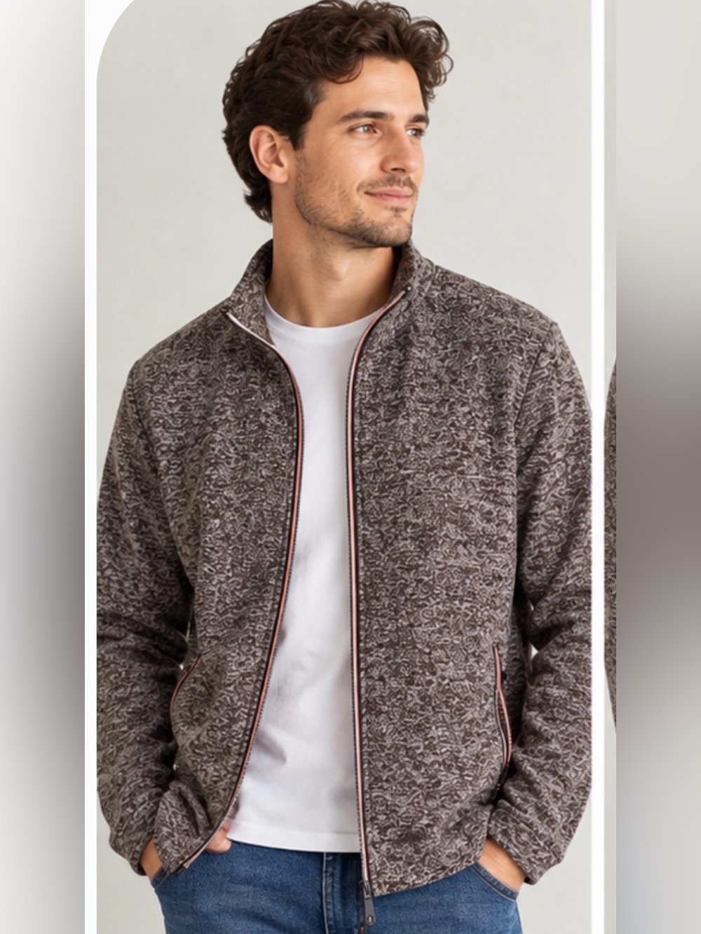 Brown Heather Full-Zip Bomber Jacket with Contrast Trim XXL